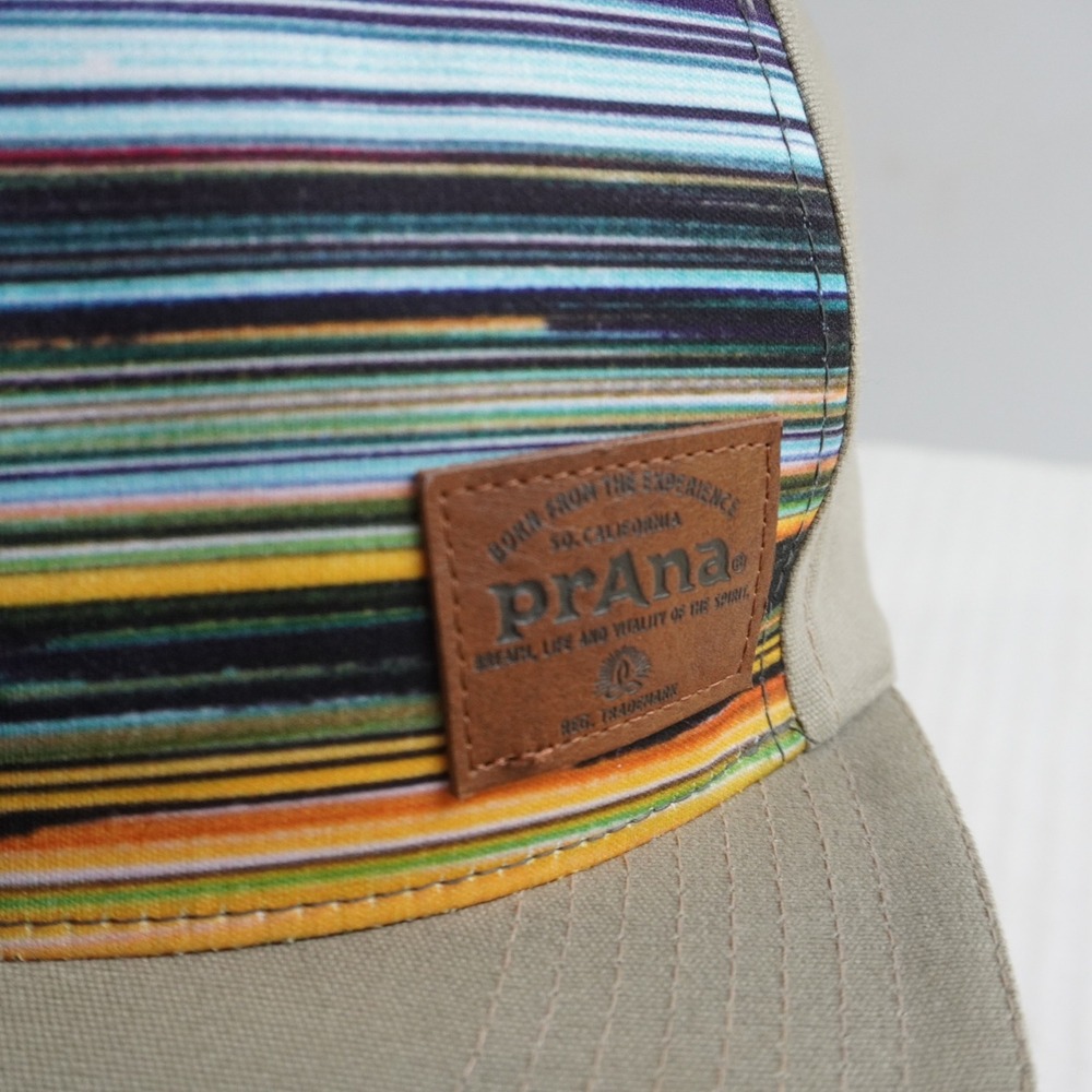 prAna Mens Khaki Striped Organic Cotton Blend Snapback Flat Brim Hat Cap Gorp - Picture 2 of 7